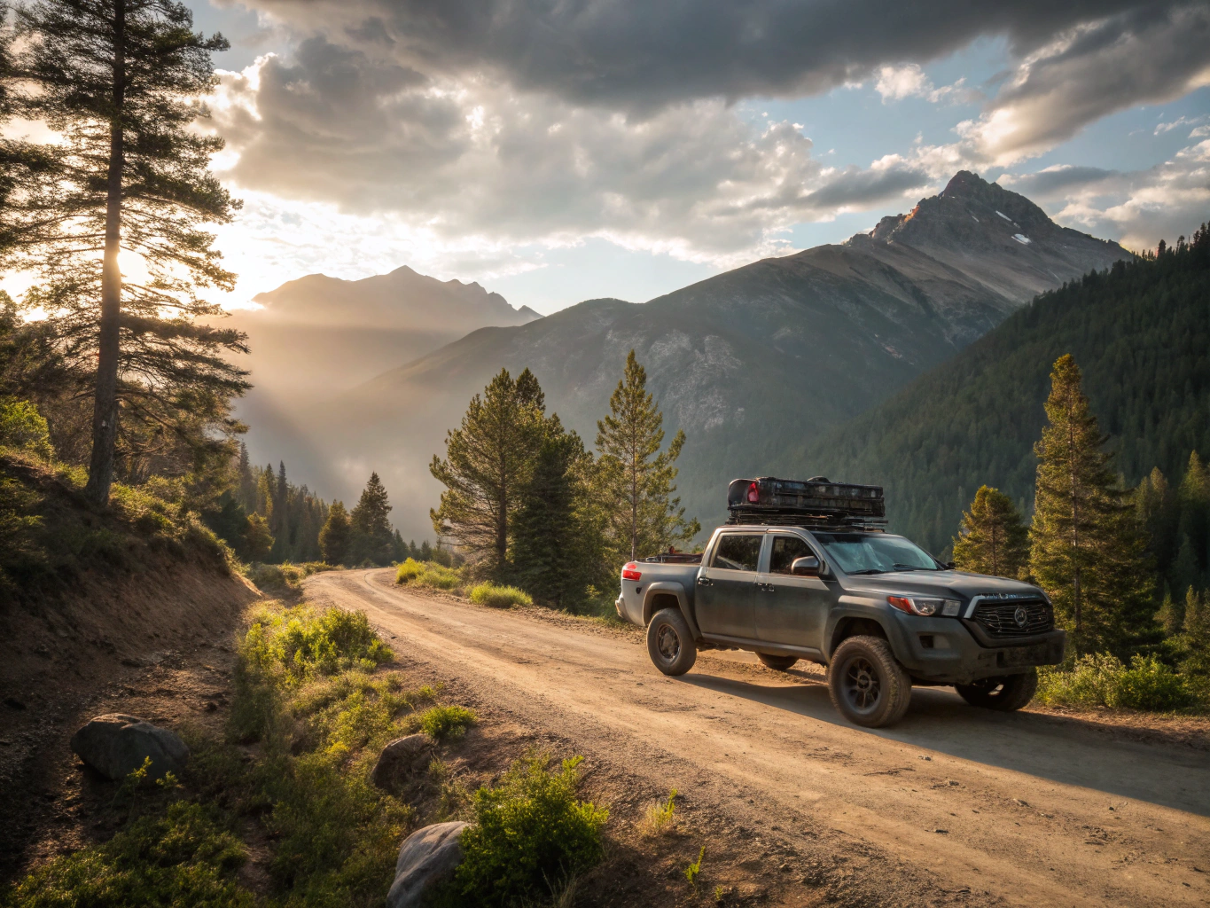 Outdoor pickup truck tailgate with portable cooler in woodland setting