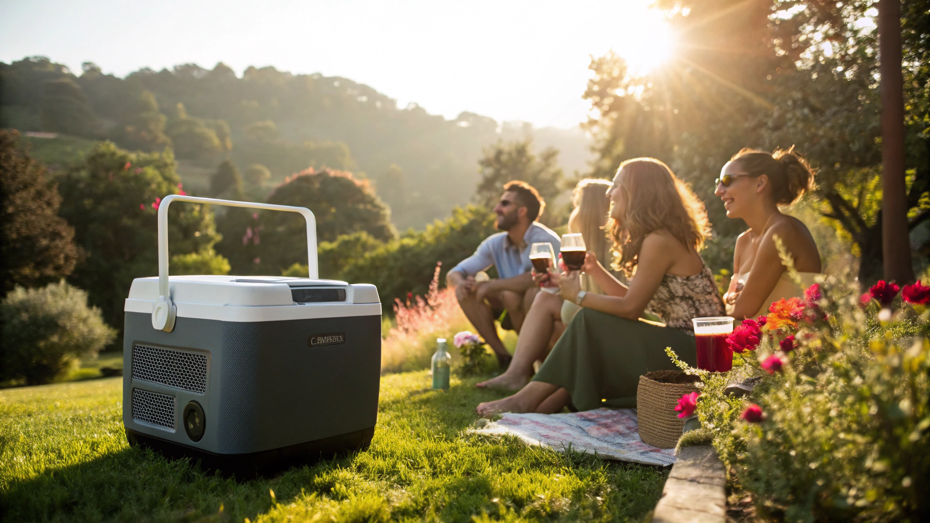 Sunlit campsite with heavy-duty portable cooler beside tent